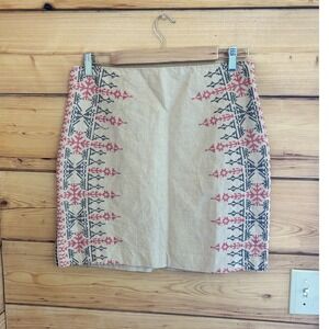 Ann Taylor LOFT Embroidered Cotton Linen Blend Mini Skirt Beige Red Black Sz 8